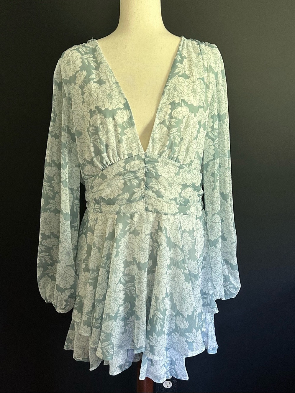 Arula Green and White Long Sleeve Flowy V Neck Romper